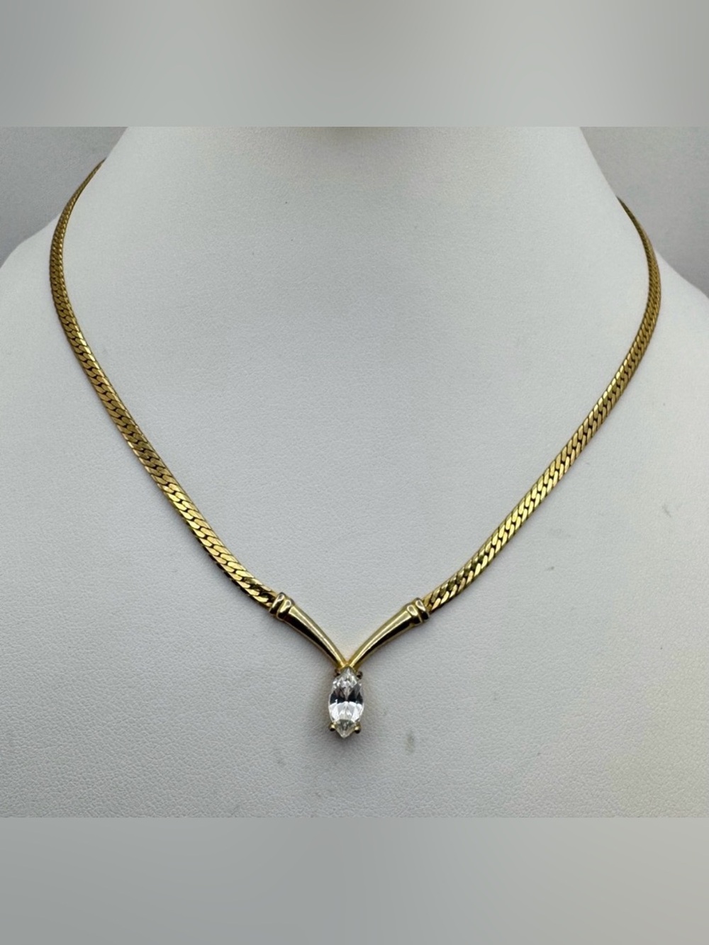 Avon Gold Tone Marquise Crystal Necklace 16” Vintage Signed